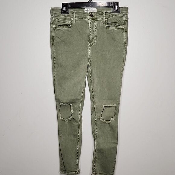 Free People Jeans Womens 29 Mid Rise Skinny Distressed w Pockets Green - Picture 1 of 7